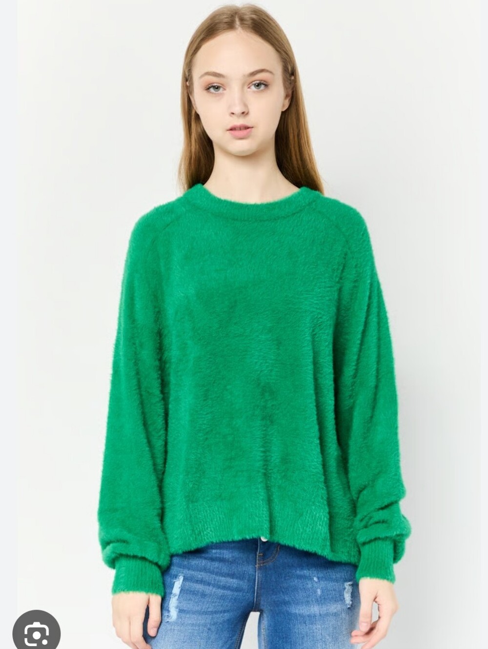 Aerie Flurry Crew Sweater In Green Alpine Soft Cozy Fuzzy Long Sleeve Top Size M
